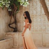 Organic linen Bohemian Sexy Dress with open back and shoulders. Adjustable neck fitting, unique coloration, and light structure for comfort.