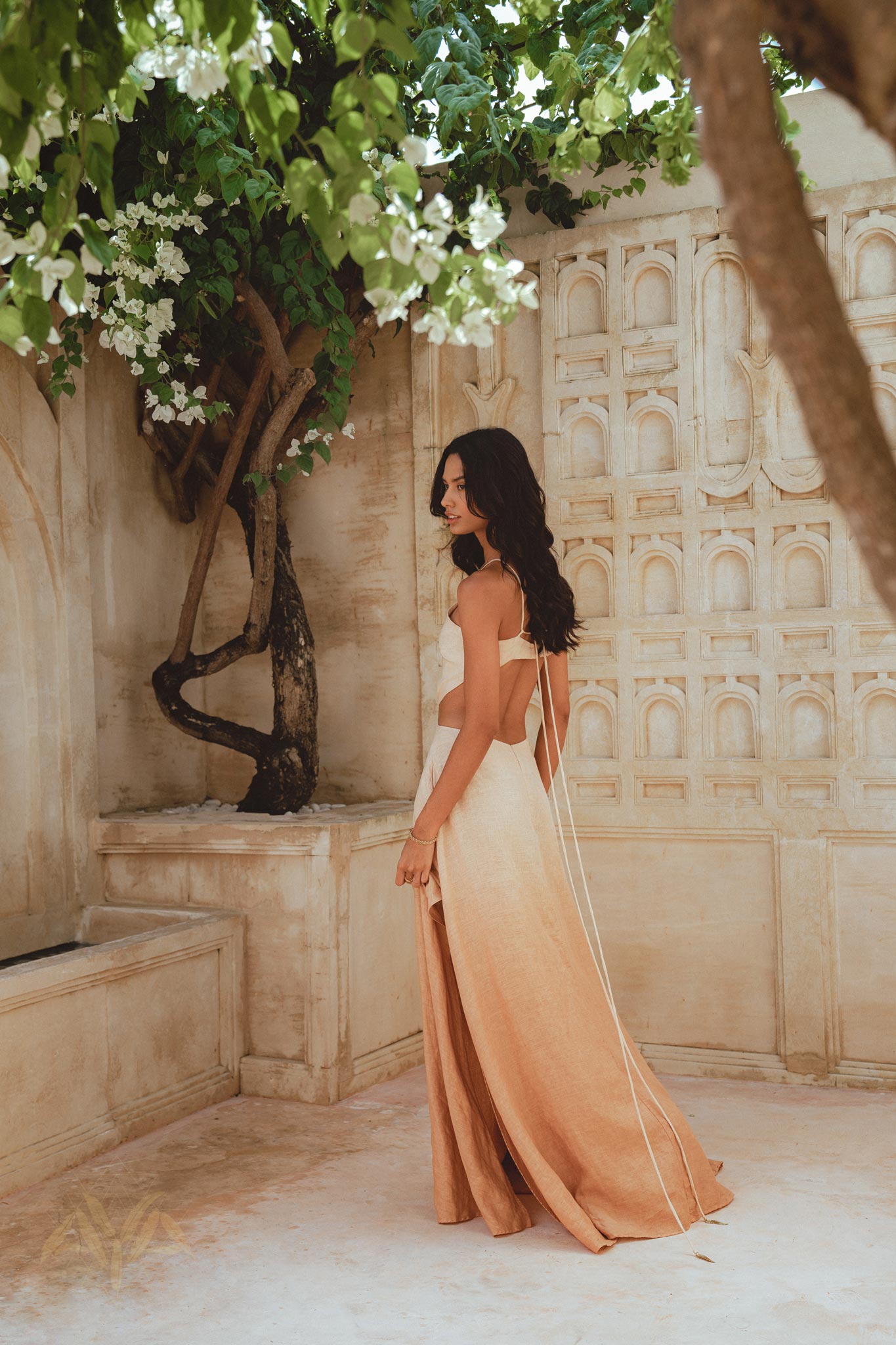 Organic linen Bohemian Sexy Dress with open back and shoulders. Adjustable neck fitting, unique coloration, and light structure for comfort.