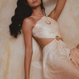 Sustainably Dyed Organic Linen Bridesmaid Ring Dress. Sexy open sides, adjustable straps on back, with a unique ombre color that's perfect for any occasion.