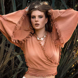 Pale Orange Boho Top • Bohemian Wrap Top Women • Wide Sleeve Top - AYA SW IDR