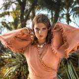 Pale Orange Boho Top • Bohemian Wrap Top Women • Wide Sleeve Top - AYA SW IDR