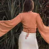 Pale Orange Boho Top • Bohemian Wrap Top Women • Wide Sleeve Top - AYA SW IDR