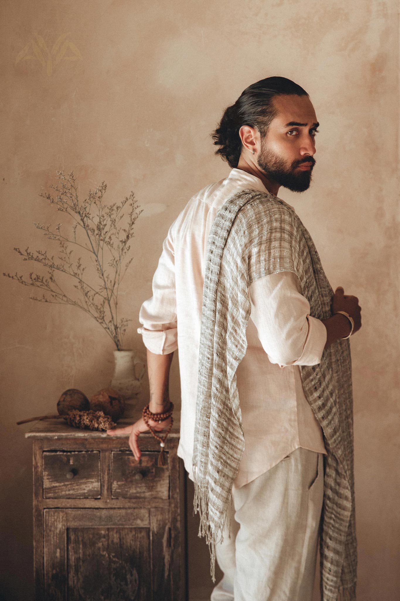 Pale Pink Linen Shirt for Men with Handmade Braids - AYA SW IDR