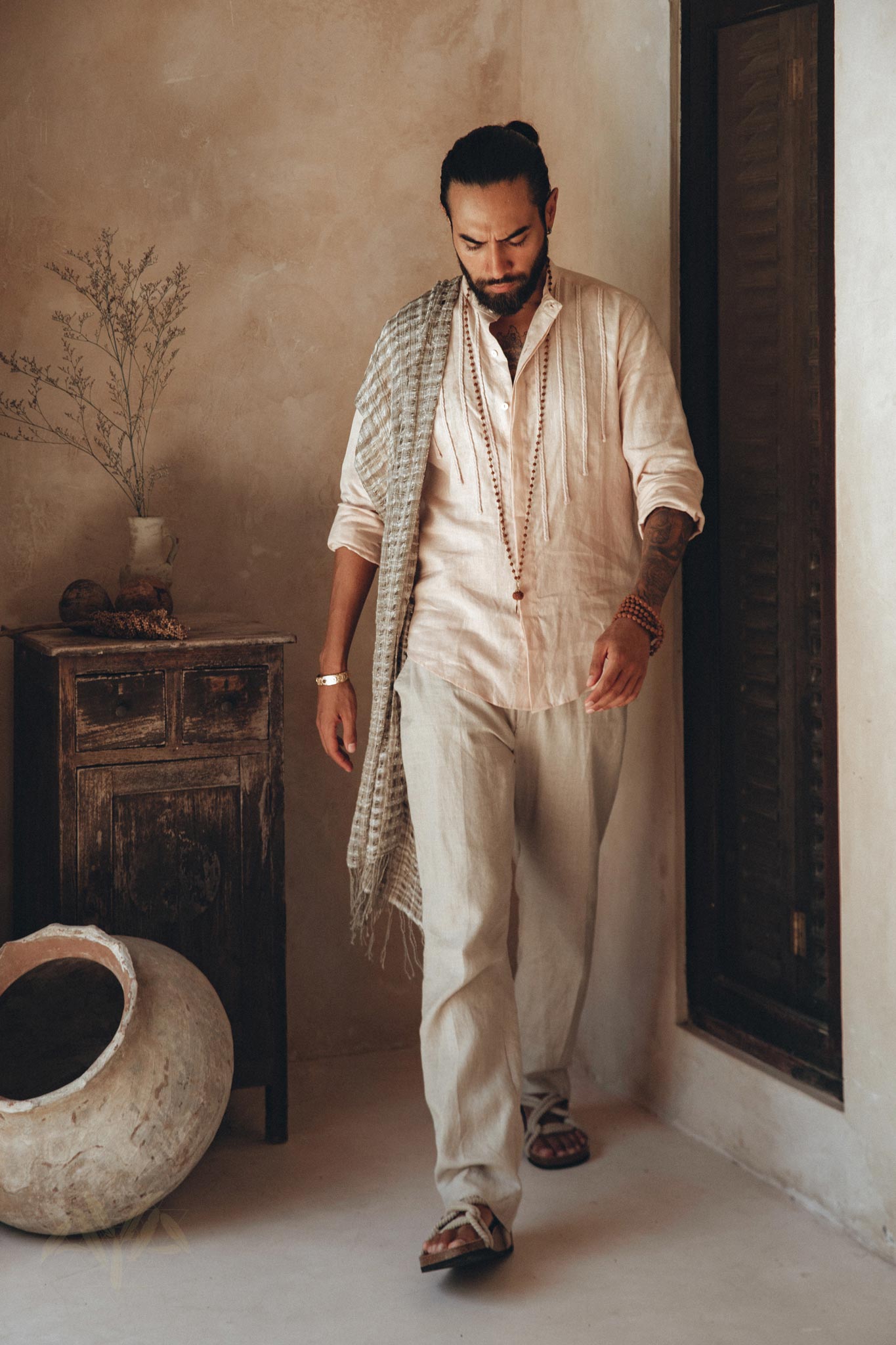 Pale Pink Linen Shirt for Men with Handmade Braids - AYA SW IDR