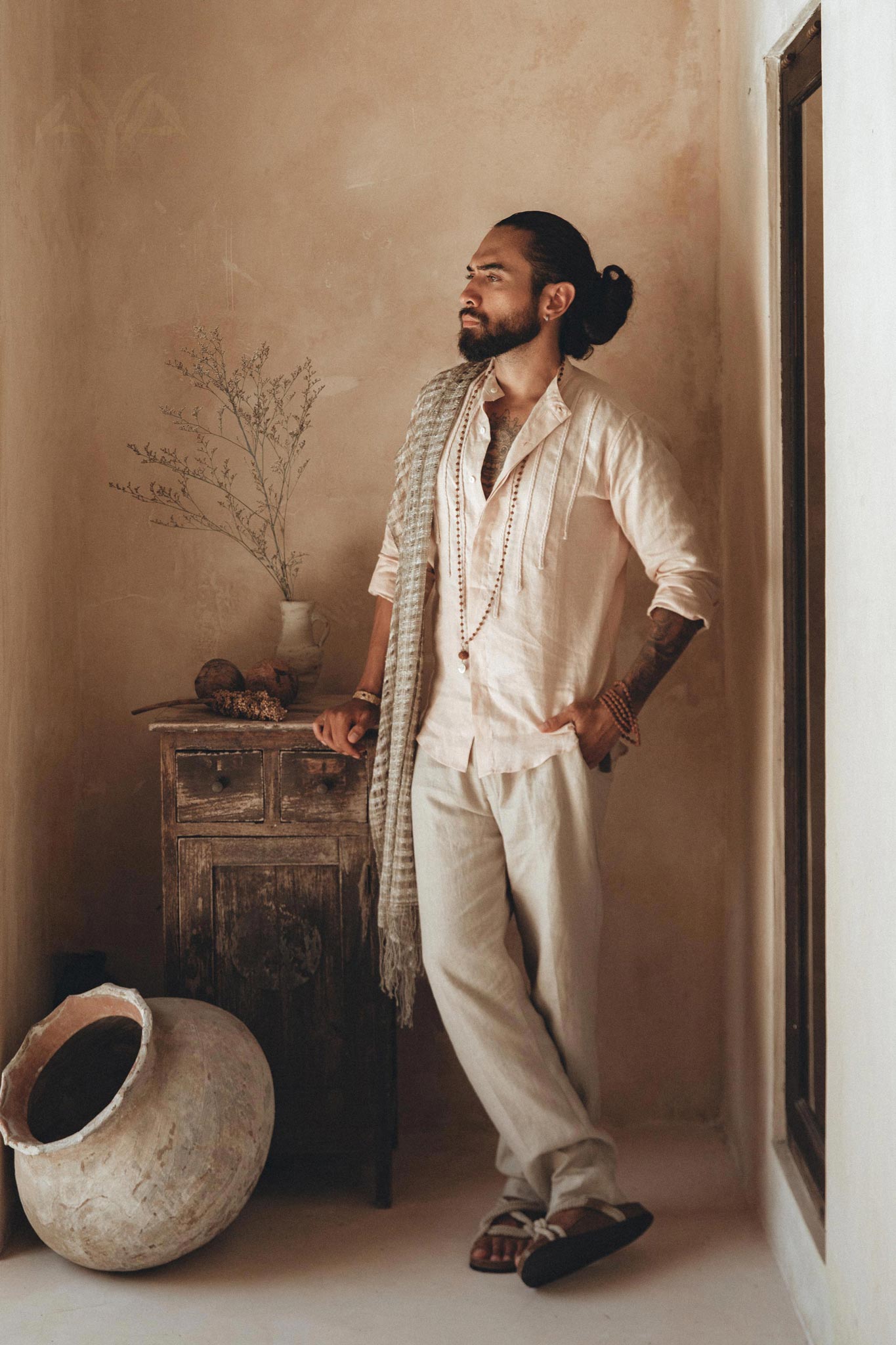 Pale Pink Linen Shirt for Men with Handmade Braids - AYA SW IDR
