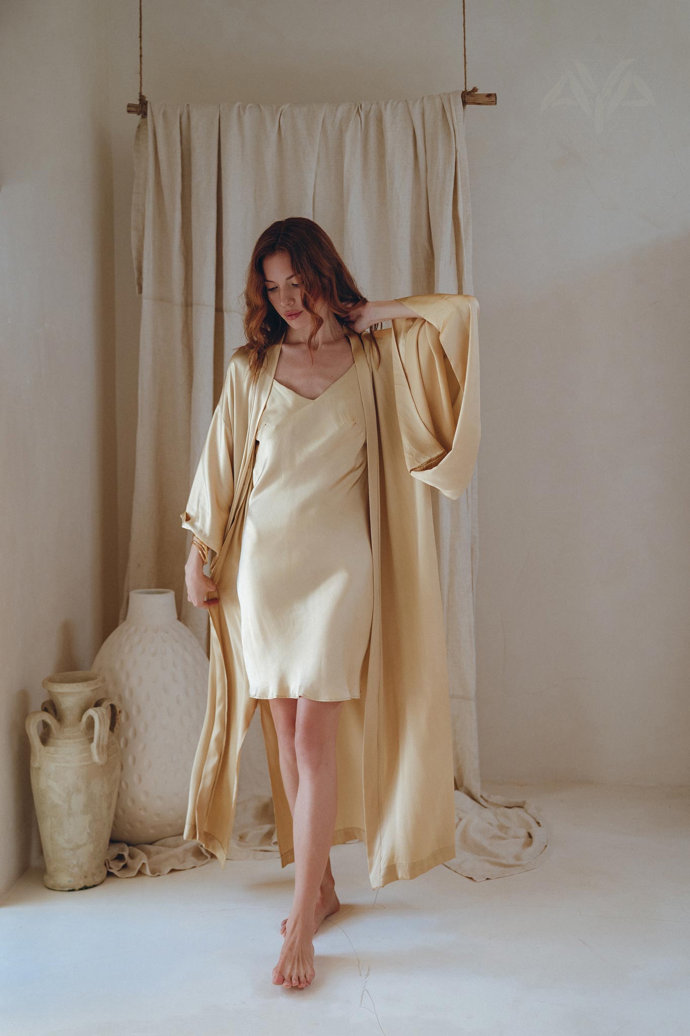 Peace Silk Boho Dress • Mini Cocktail Dress • Evening Gold Silk Dress - AYA SW IDR