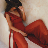 Peace Silk & Cotton Red Rose Jumpsuit • Backless Evening Overall Romper - AYA SW IDR