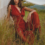 Peace Silk & Cotton Red Rose Jumpsuit • Backless Evening Overall Romper - AYA SW IDR