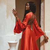 Red Silk Gown - Open Back Maxi Dress for Beach Wedding, crafted with botanically dyed ahimsa silk.