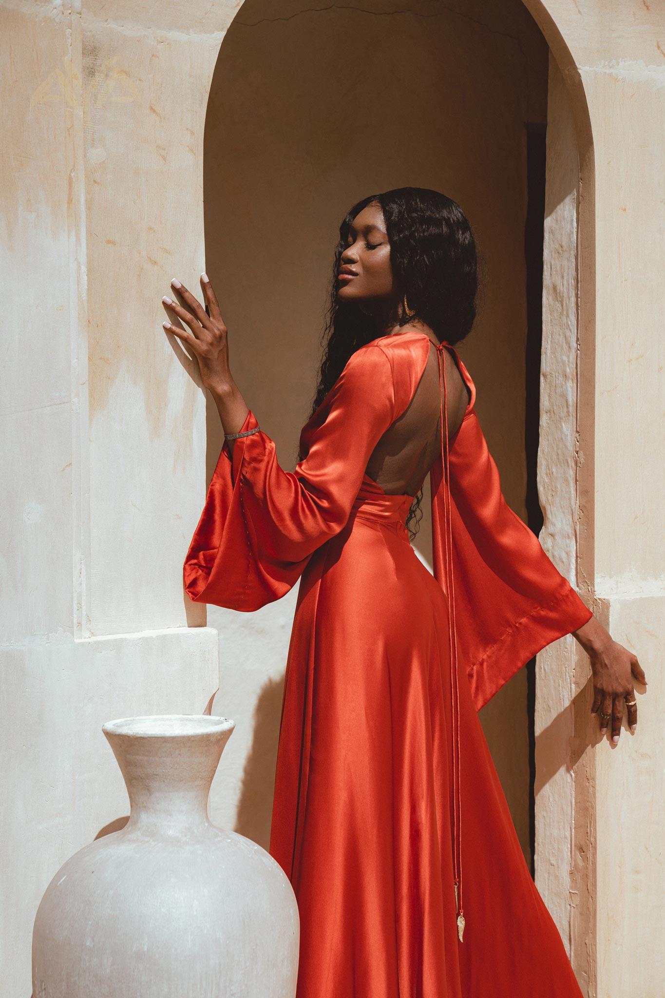 Red Silk Gown - Open Back Maxi Dress for Beach Wedding, crafted with botanically dyed ahimsa silk.