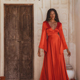 Elegant Beach Wedding Dress - Ivory and Red Peace Silk Gown with Open Back, from the Shanti Grace Collection.