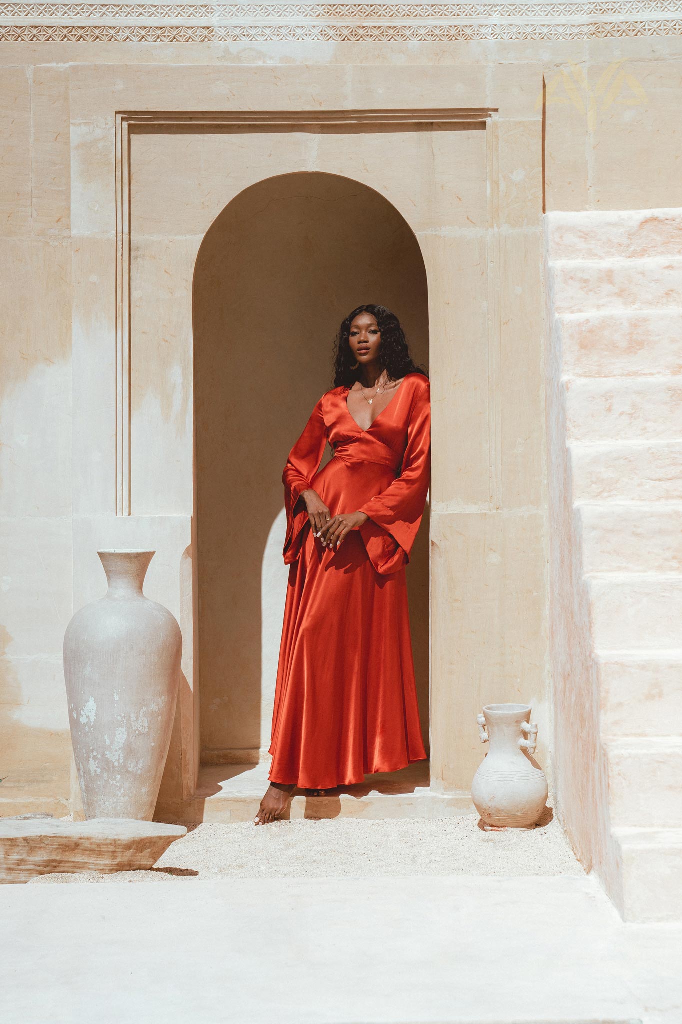Boho Chic Bell Sleeves Maxi Dress - Crafted with Light Airy Peace Silk and botanically dyed in Red.