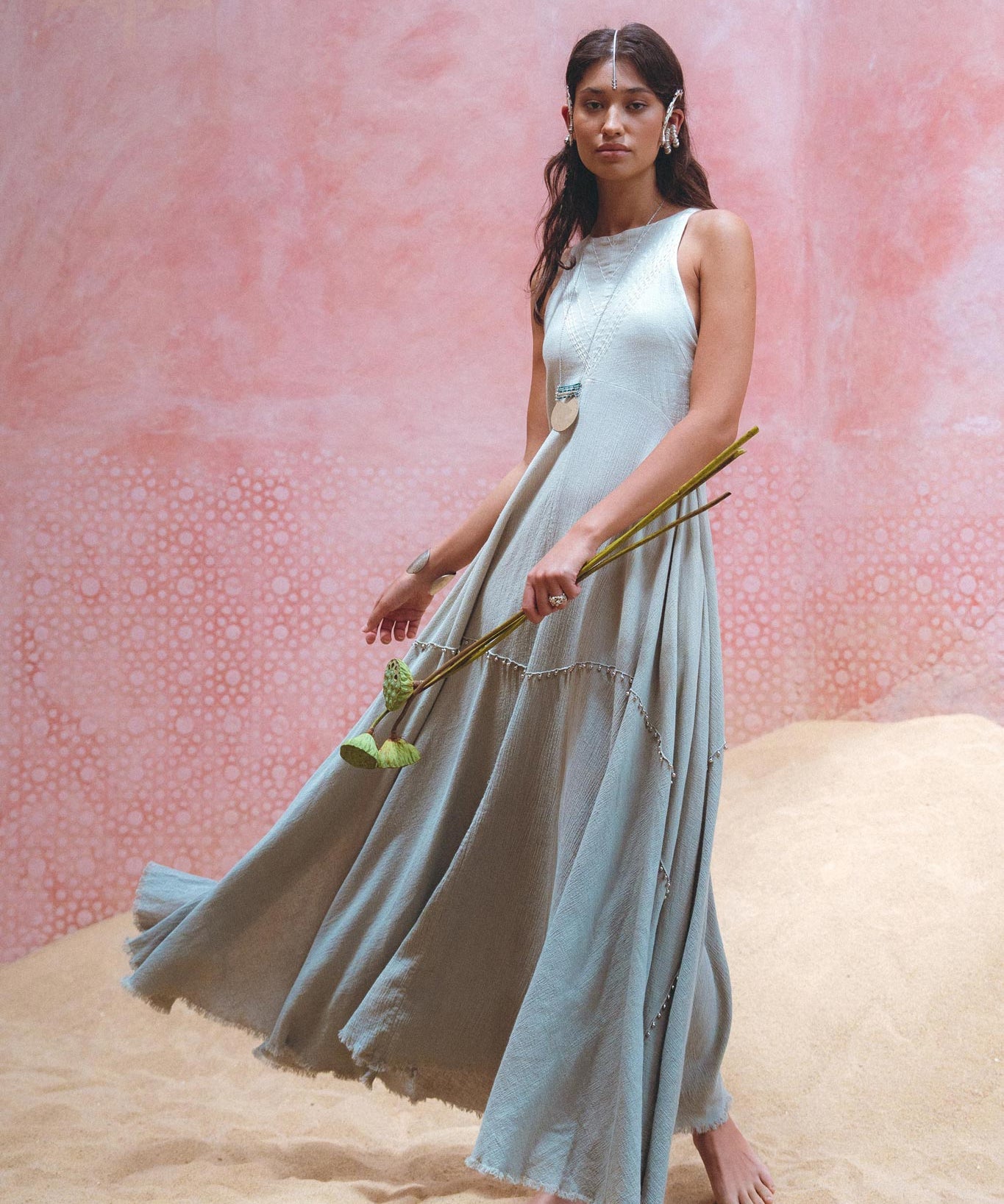 Powder Blue Bhakti Dress • Hand Embroidered Dress • Organic Casual Dress • Goddess Dress - AYA SW IDR