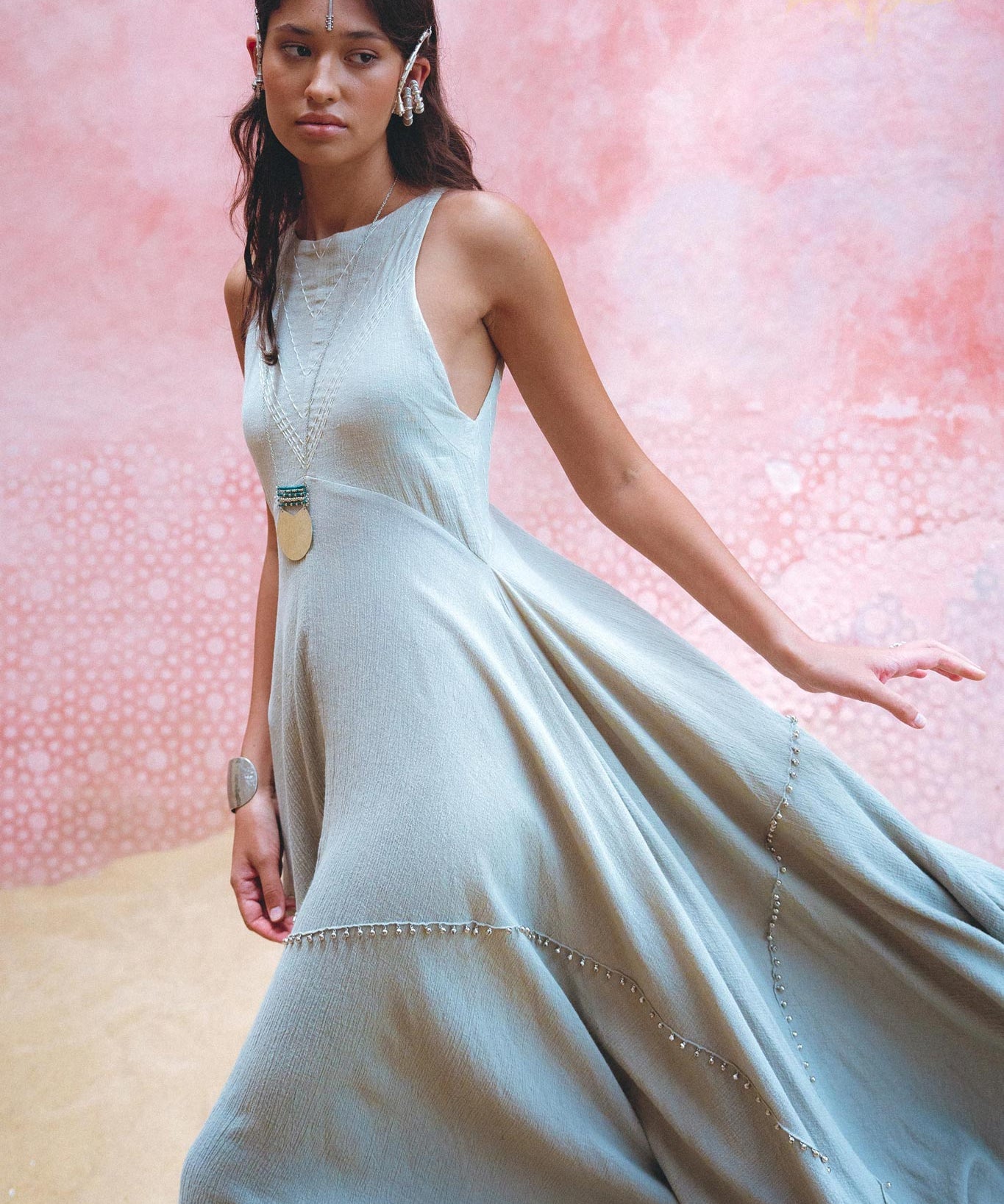 Powder Blue Bhakti Dress • Hand Embroidered Dress • Organic Casual Dress • Goddess Dress - AYA SW IDR