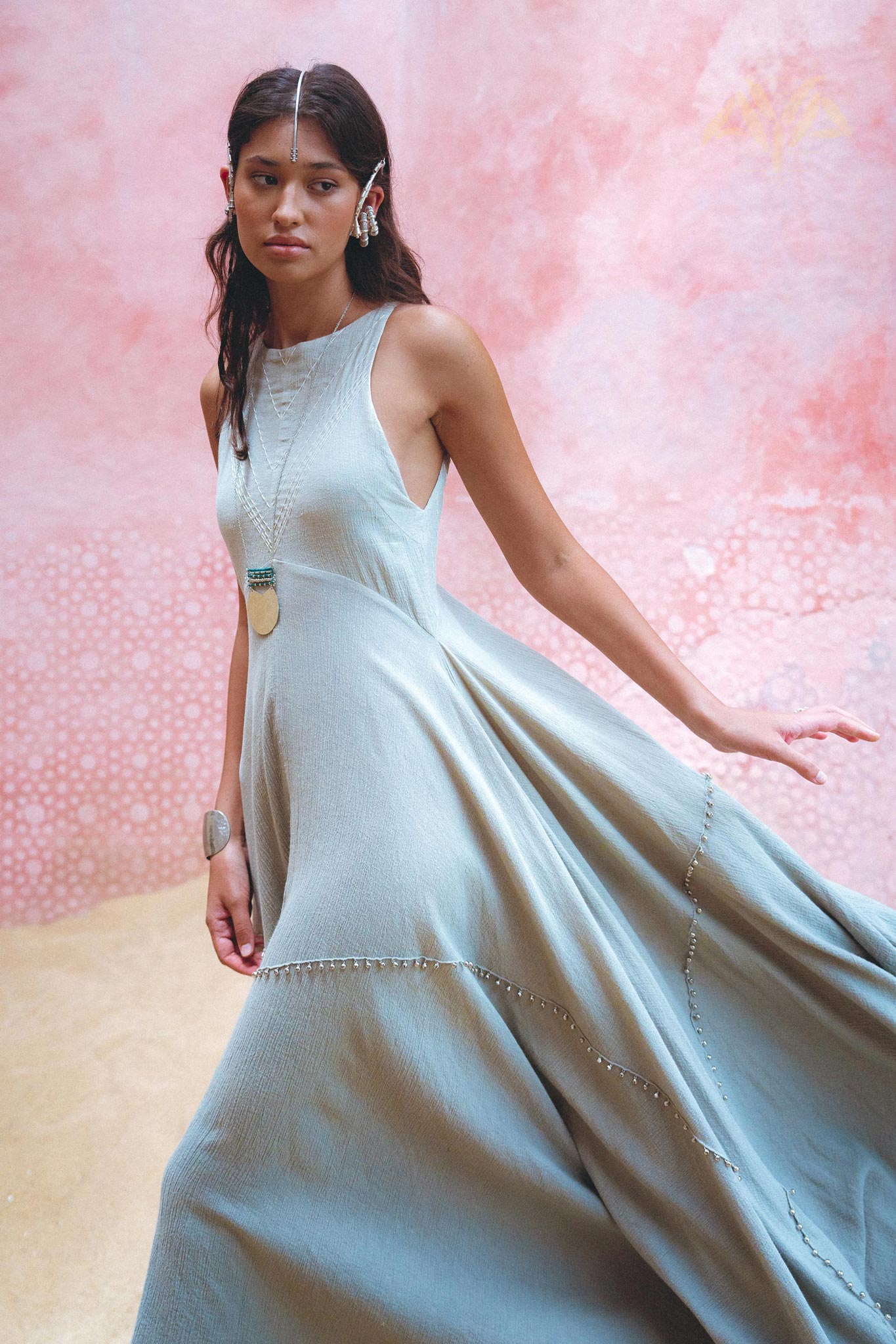 Powder Blue Bhakti Dress • Hand Embroidered Dress • Organic Casual Dress • Goddess Dress - AYA SW IDR