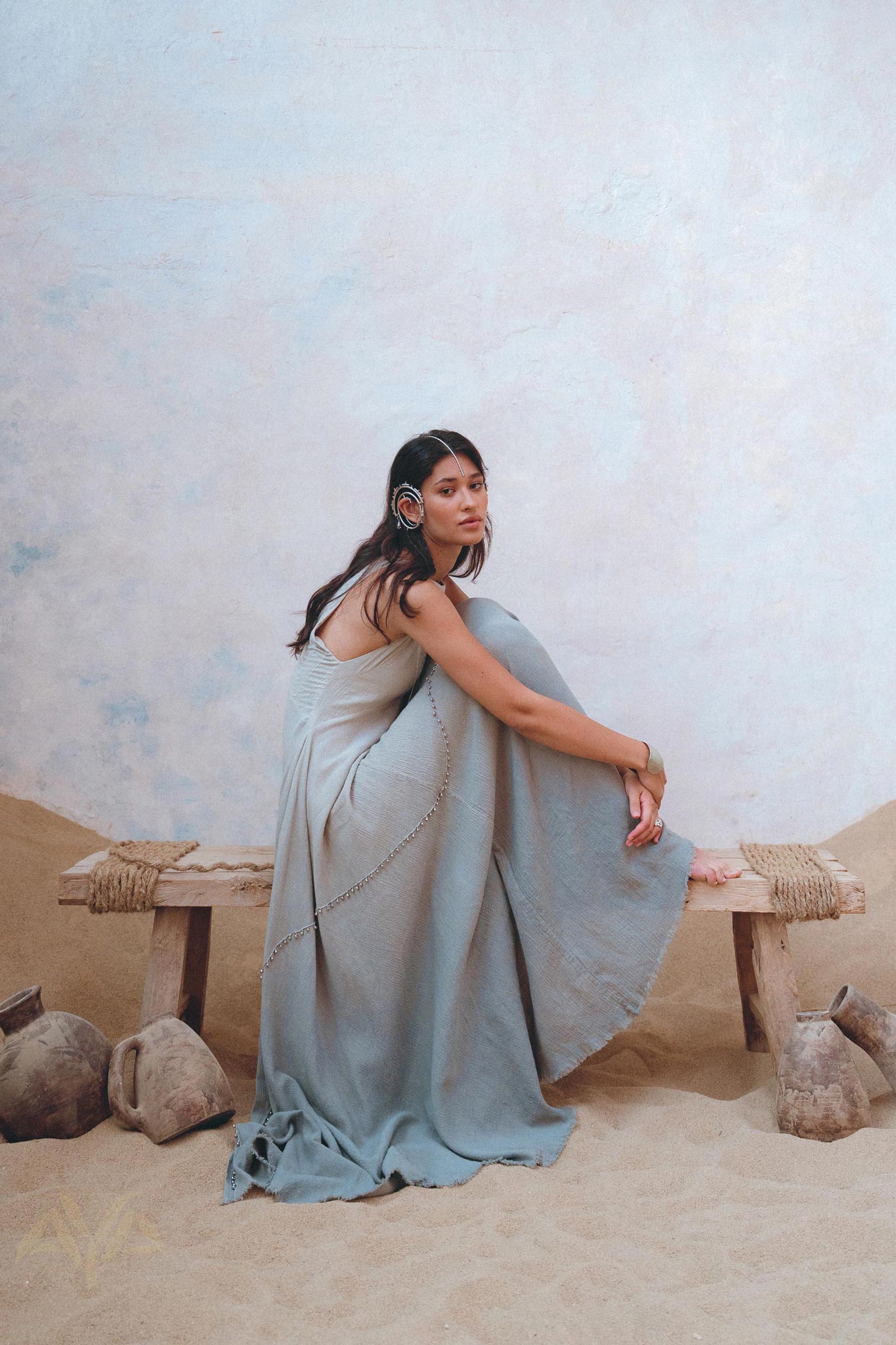 Powder Blue Bhakti Dress • Hand Embroidered Dress • Organic Casual Dress • Goddess Dress - AYA SW IDR