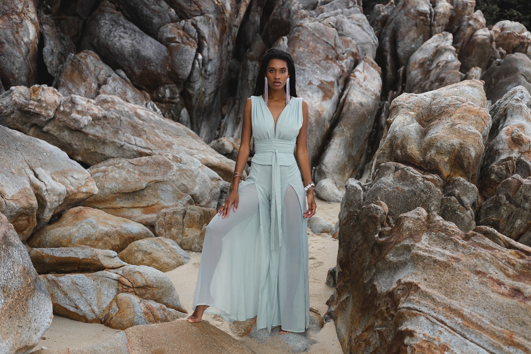 Powder Blue Boho Jumpsuit Women • Peace Silk & Cotton Romper for Women - AYA SW IDR