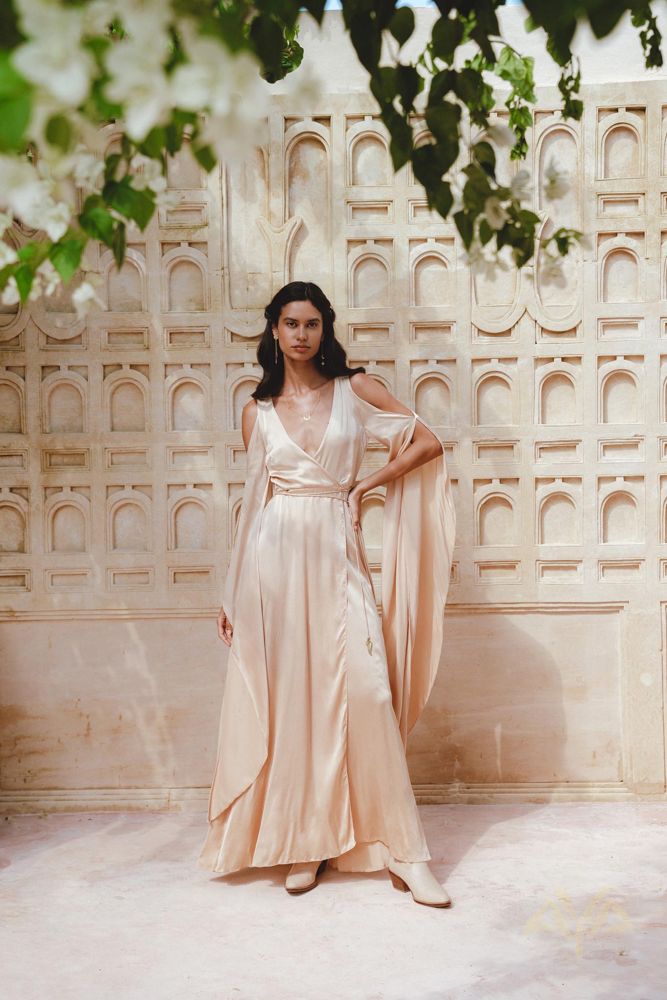 Powder Pink Matangi Peace Silk Gown • Silk Wedding Guest Dress • Boho Elegant Dress - AYA SW IDR