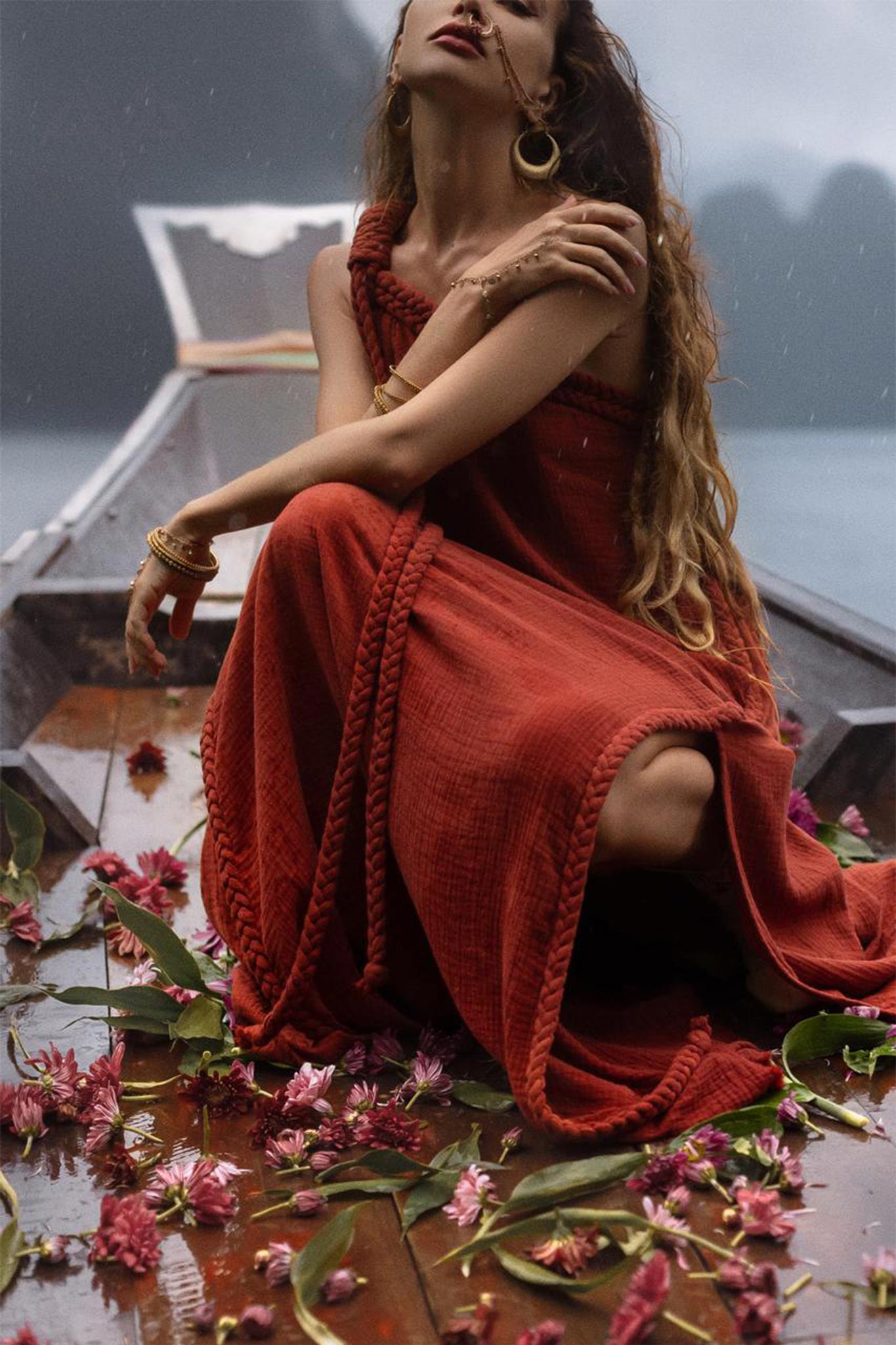 Red Aurora Greek Goddess Dress • Boho Macrame Dress • Boho Sustainable Dress - AYA SW IDR