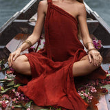 Red Aurora Greek Goddess Dress • Boho Macrame Dress • Boho Sustainable Dress - AYA SW IDR