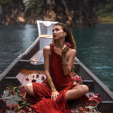 Red Aurora Greek Goddess Dress • Boho Macrame Dress • Boho Sustainable Dress - AYA SW IDR