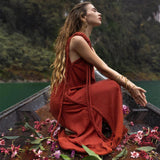 Red Aurora Greek Goddess Dress • Boho Macrame Dress • Boho Sustainable Dress - AYA SW IDR