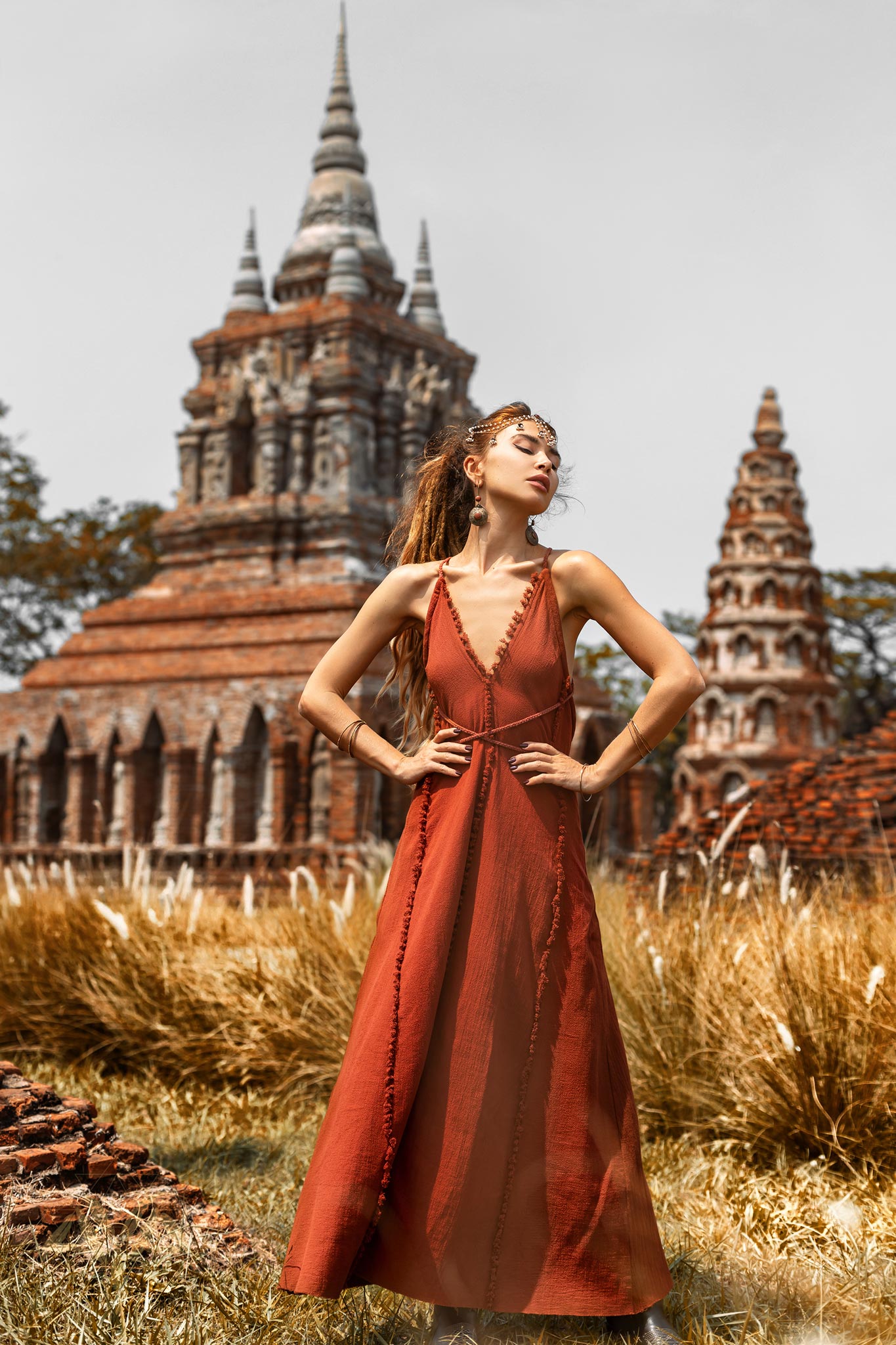 Red Boho Bridesmaid Dress • Casual Cocktail Dress • Red Wedding Guest Dress • Handmade Goddess V Neck Dress - AYA SW IDR