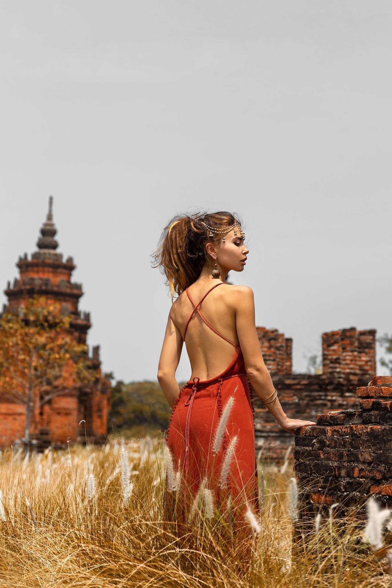 Red Boho Bridesmaid Dress • Casual Cocktail Dress • Red Wedding Guest Dress • Handmade Goddess V Neck Dress - AYA SW IDR