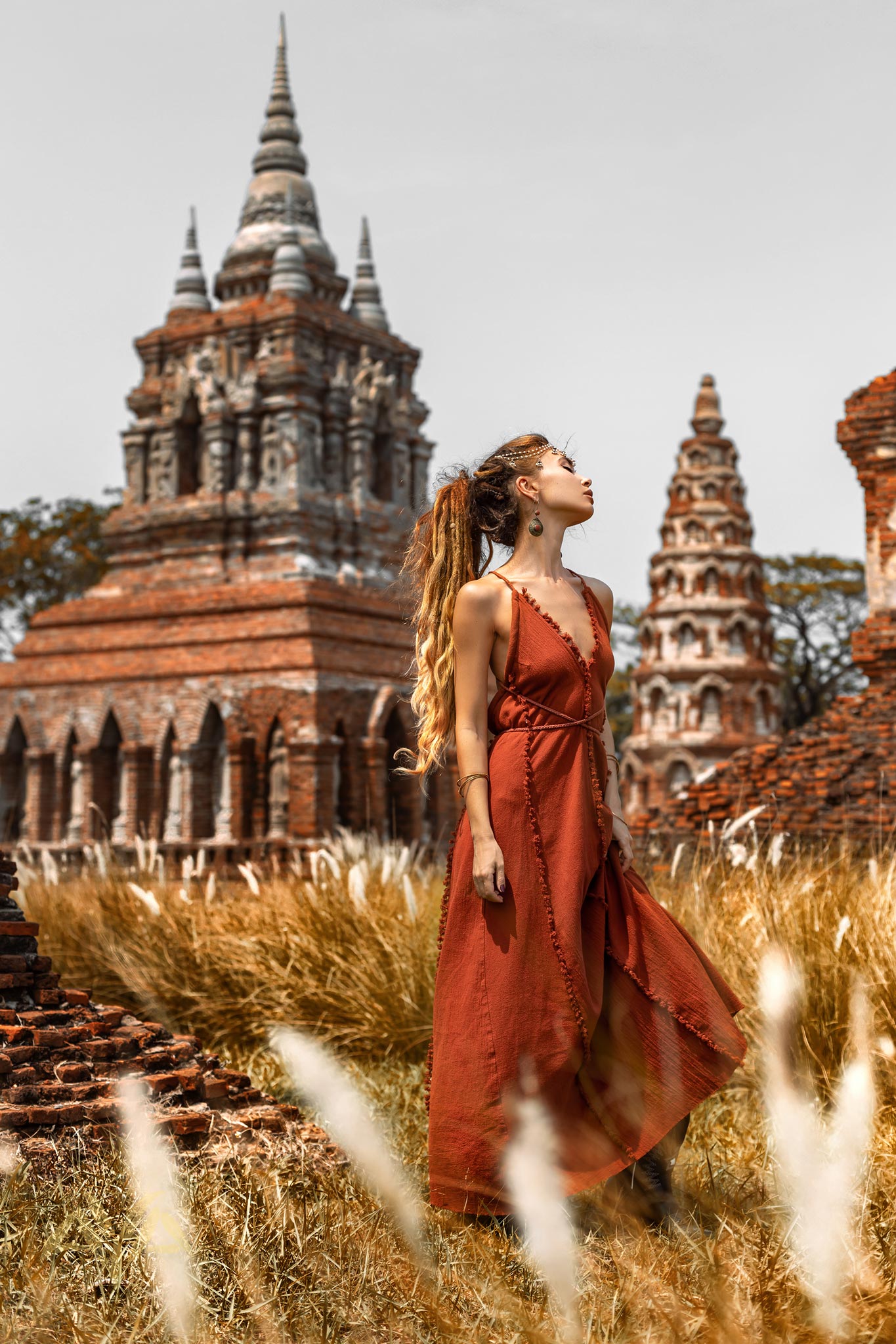 Red Boho Bridesmaid Dress • Casual Cocktail Dress • Red Wedding Guest Dress • Handmade Goddess V Neck Dress - AYA SW IDR