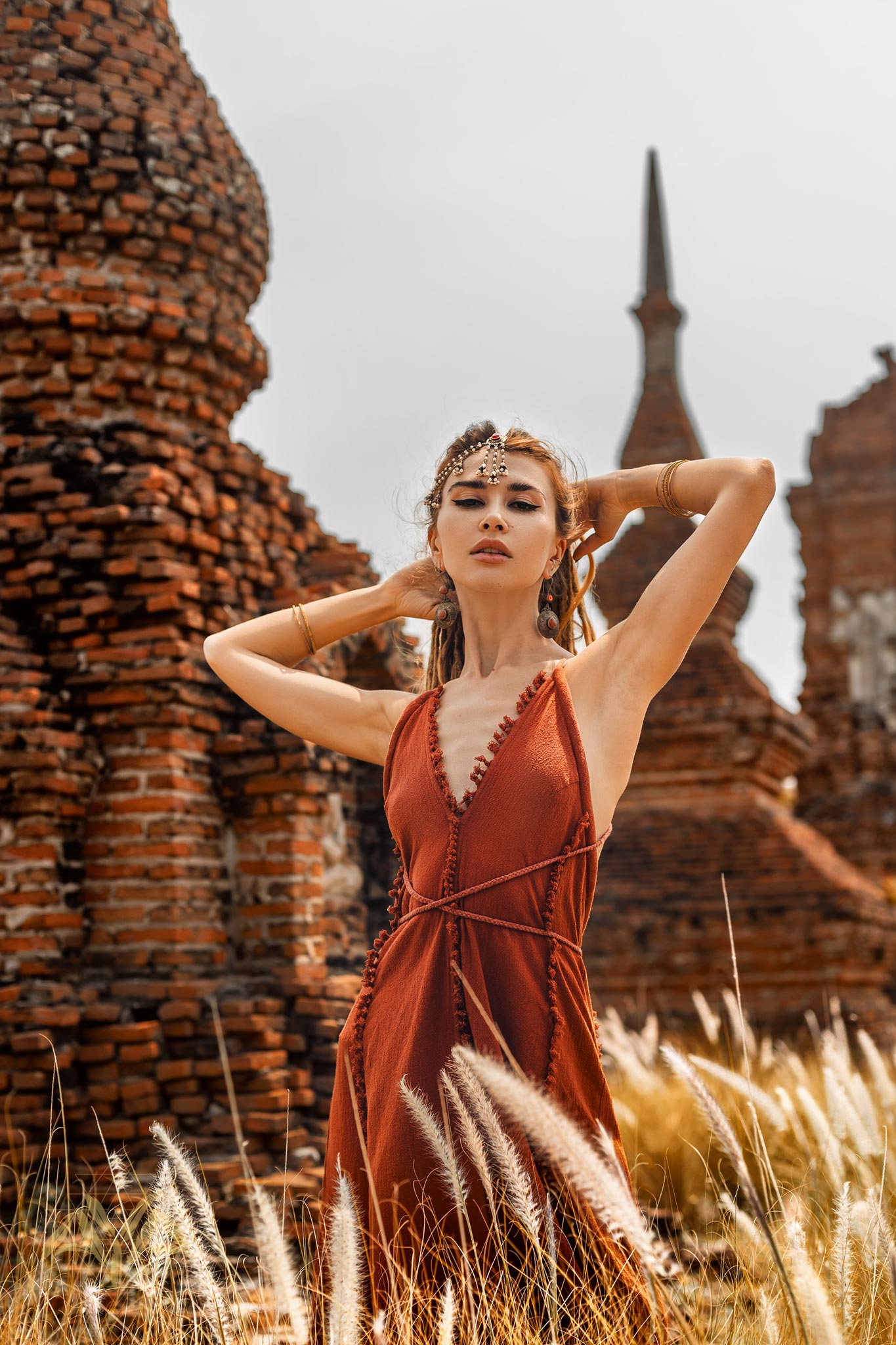 Red Boho Bridesmaid Dress • Casual Cocktail Dress • Red Wedding Guest Dress • Handmade Goddess V Neck Dress - AYA SW IDR