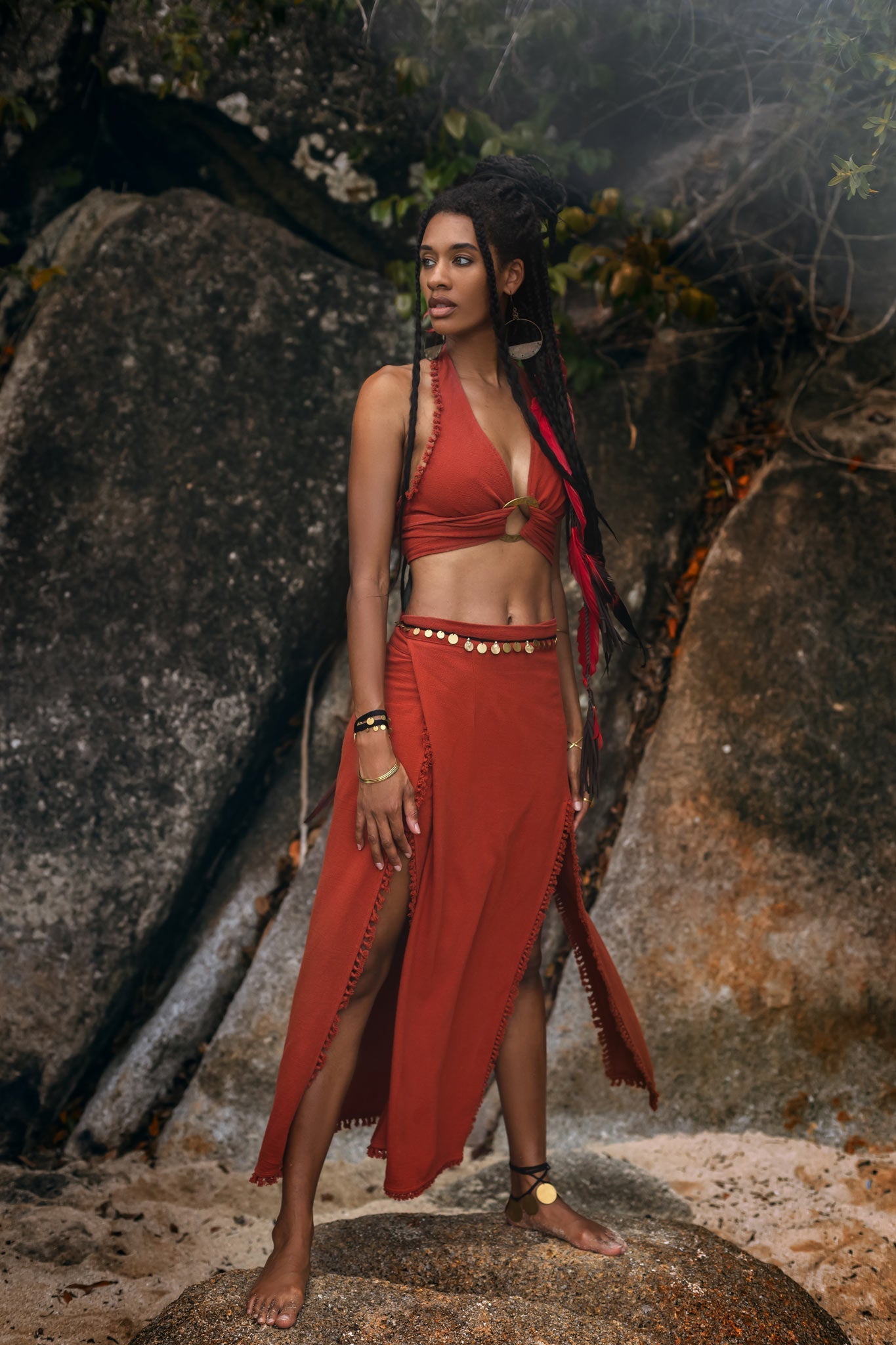 Red Boho Crop Top • Bohemian Top with Handmade Knots - AYA SW IDR
