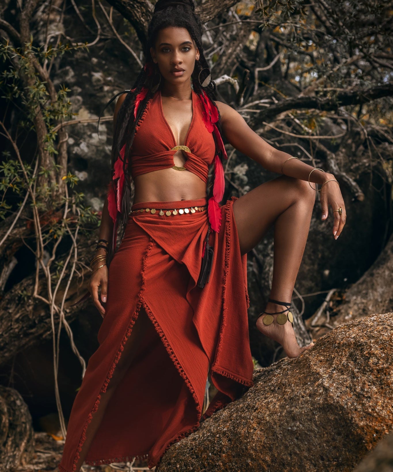 Red Boho Crop Top • Bohemian Top with Handmade Knots - AYA SW IDR