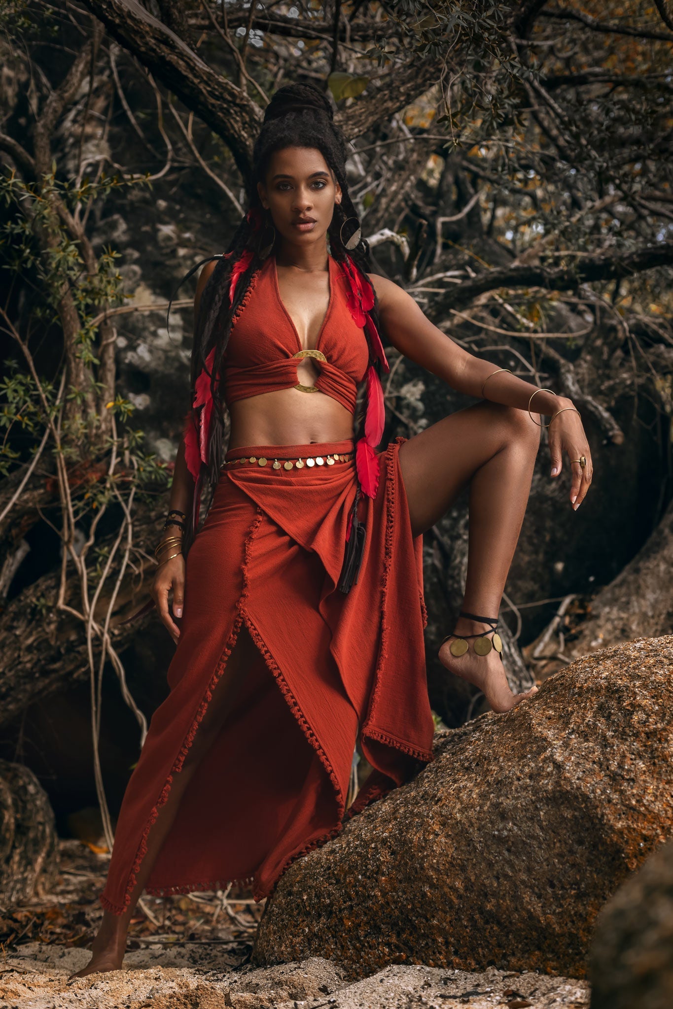Red Boho Crop Top • Bohemian Top with Handmade Knots - AYA SW IDR