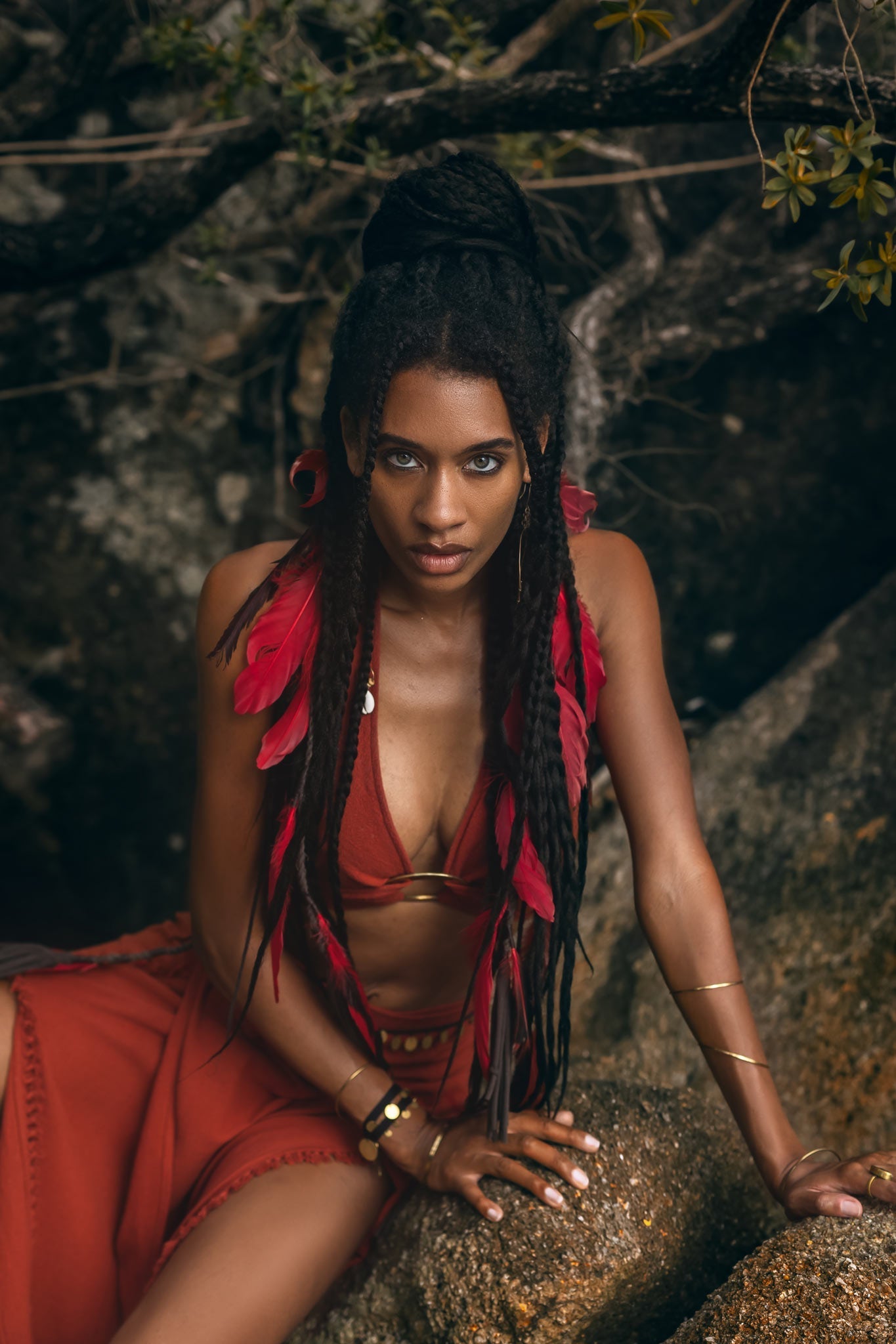 Red Boho Crop Top • Bohemian Top with Handmade Knots - AYA SW IDR