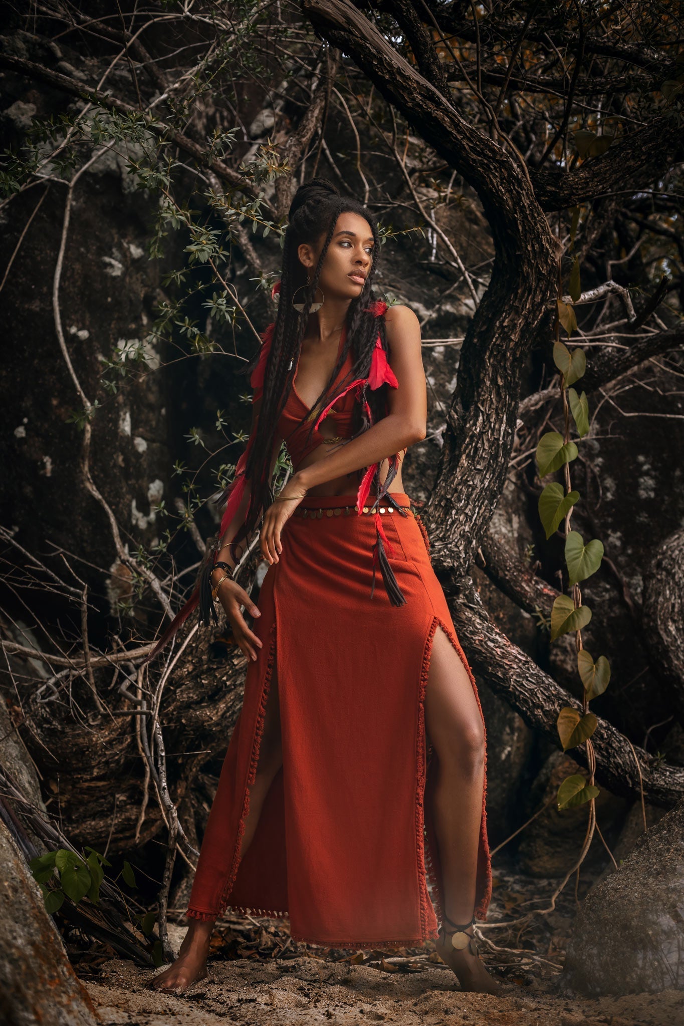 Red Boho Crop Top • Bohemian Top with Handmade Knots - AYA SW IDR