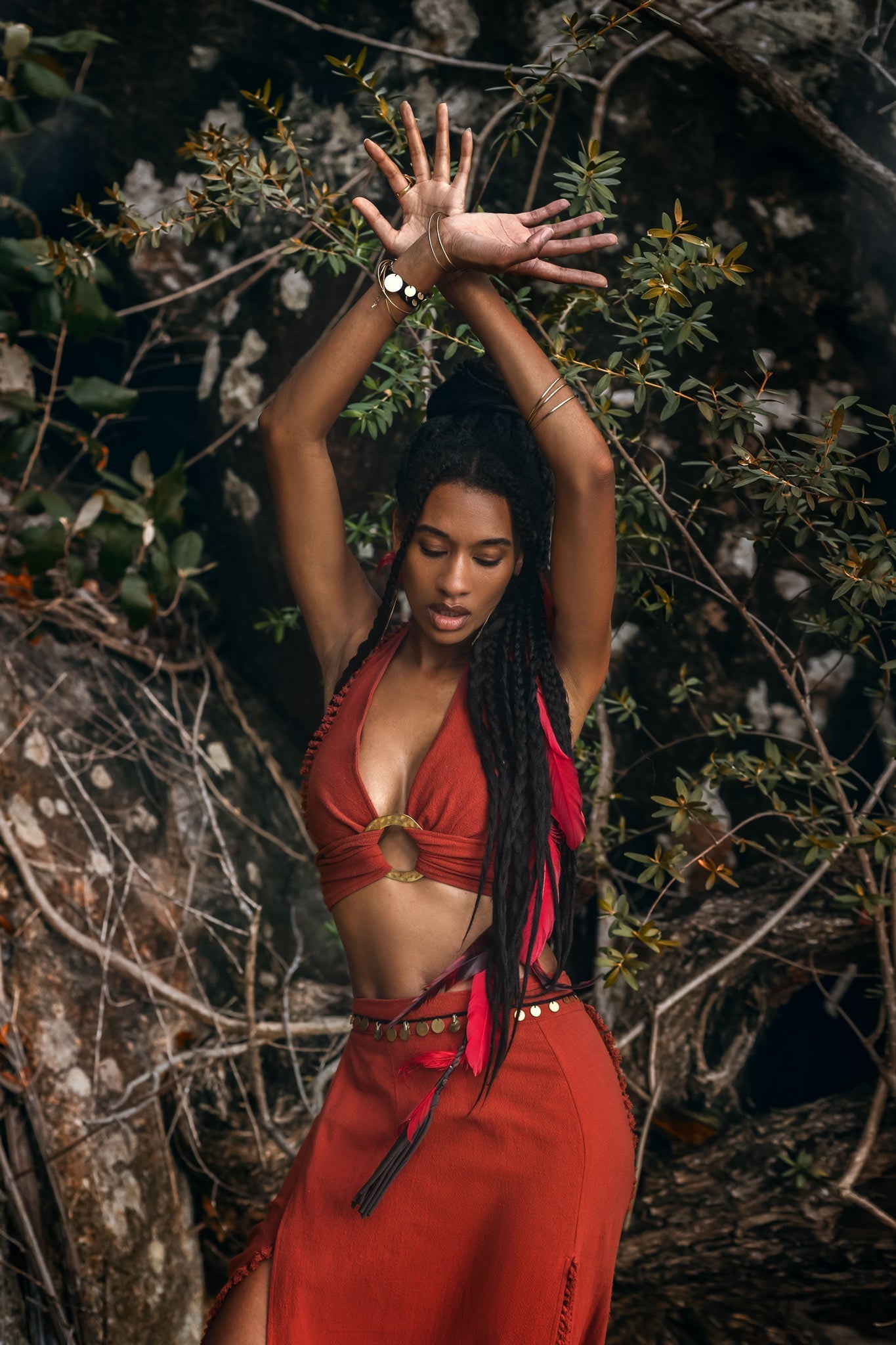 Red Boho Crop Top • Bohemian Top with Handmade Knots - AYA SW IDR