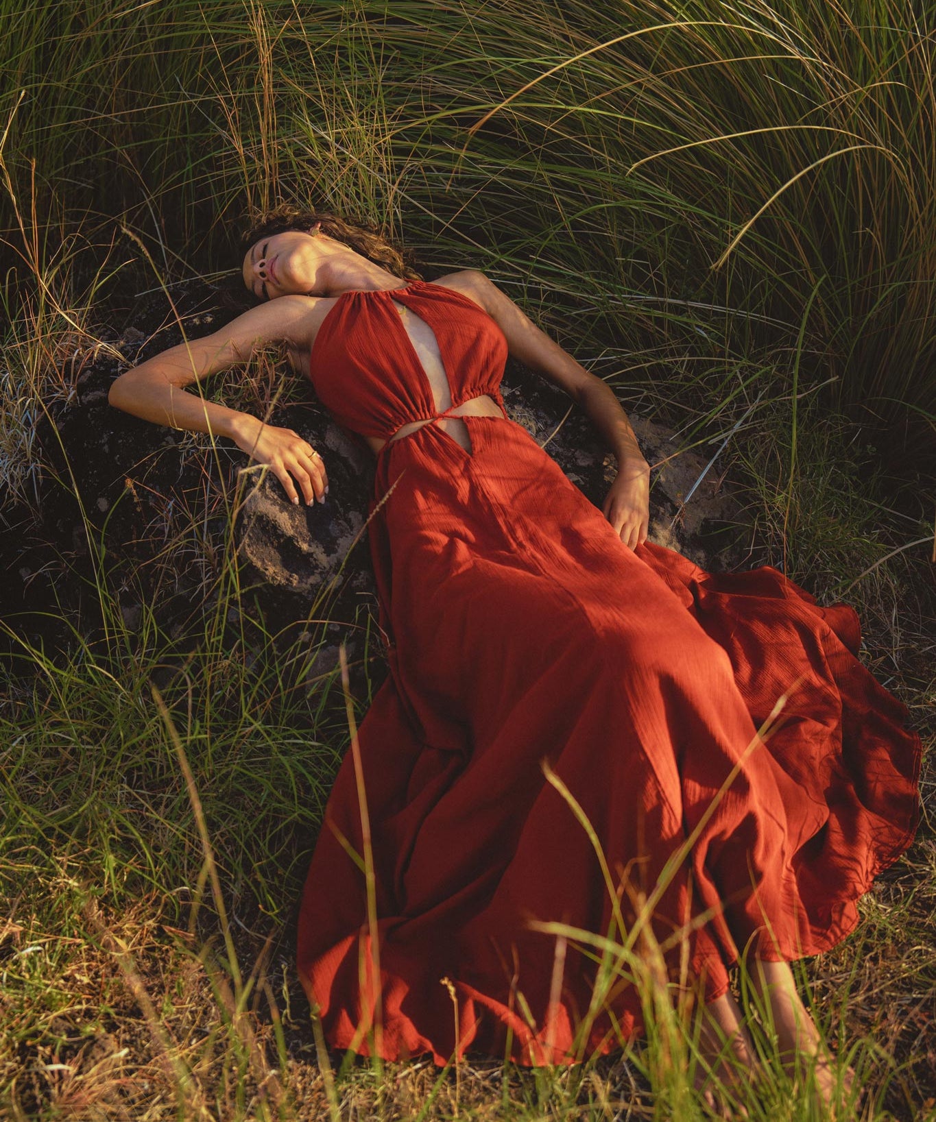 Red Goddess Dress • Fairy Tale Maxi Dress For Women • Cross Open Belly Back Dress - AYA SW IDR