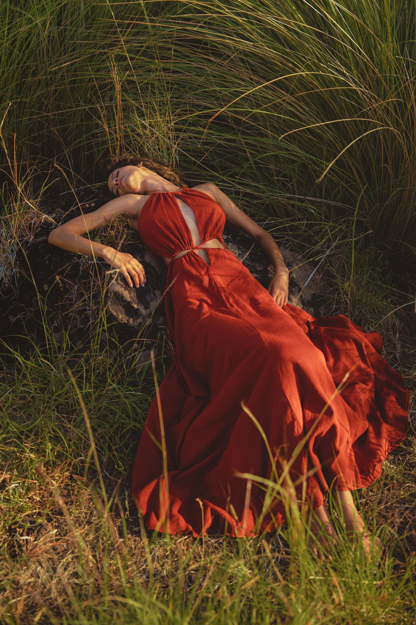 Red Goddess Dress • Fairy Tale Maxi Dress For Women • Cross Open Belly Back Dress - AYA SW IDR
