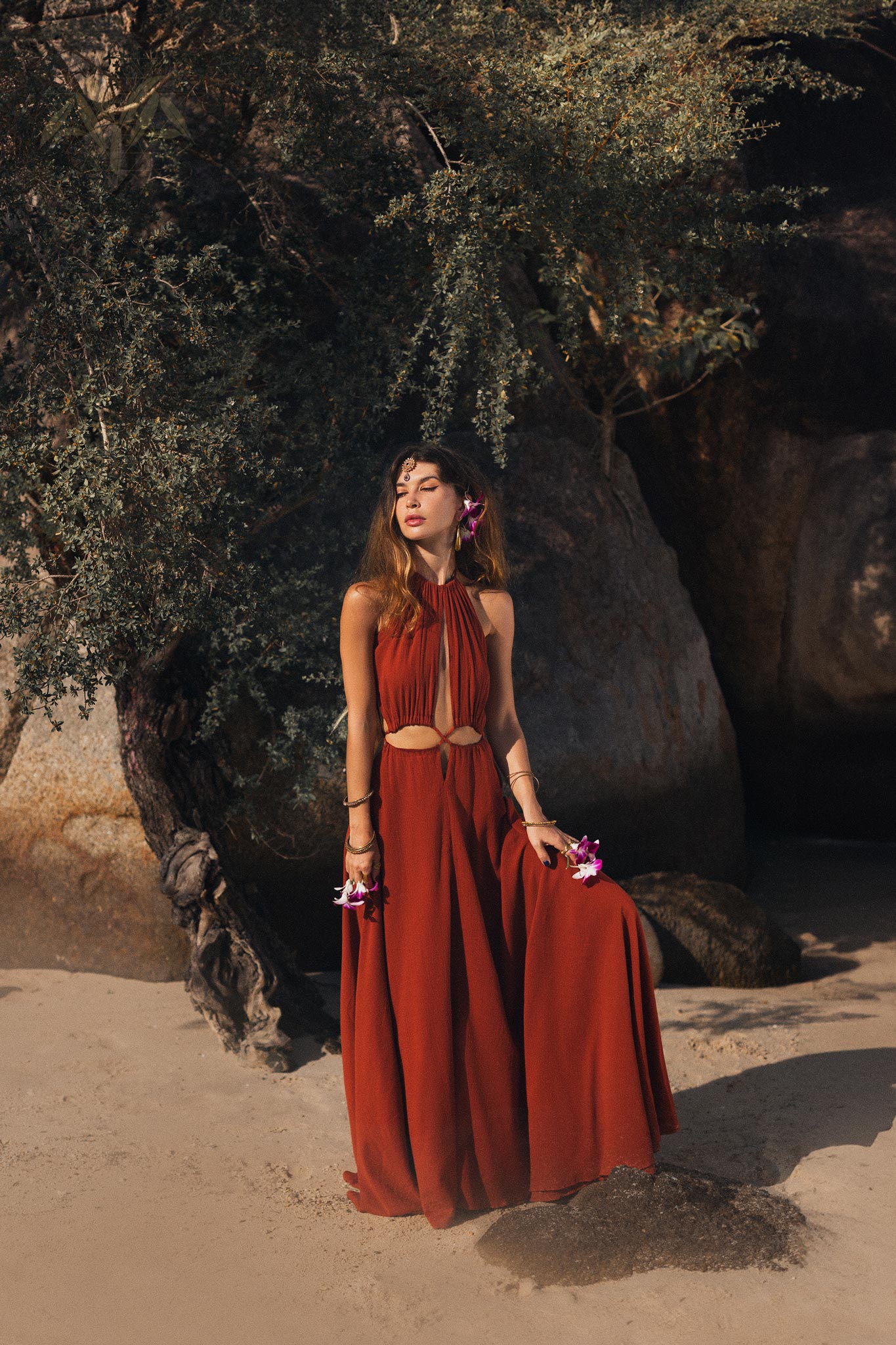 Red Goddess Dress • Fairy Tale Maxi Dress For Women • Cross Open Belly Back Dress - AYA SW IDR