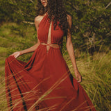 Red Goddess Dress • Fairy Tale Maxi Dress For Women • Cross Open Belly Back Dress - AYA SW IDR