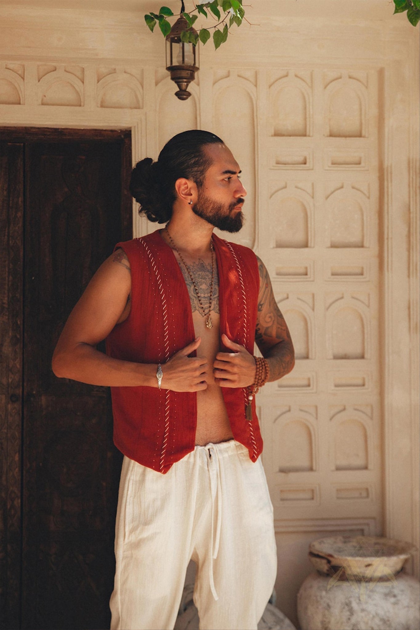 Red Hand Embroidered Vest for Men - AYA SW IDR