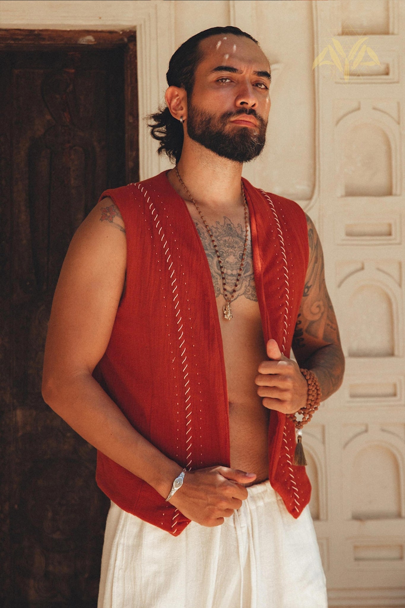 Red Hand Embroidered Vest for Men - AYA SW IDR