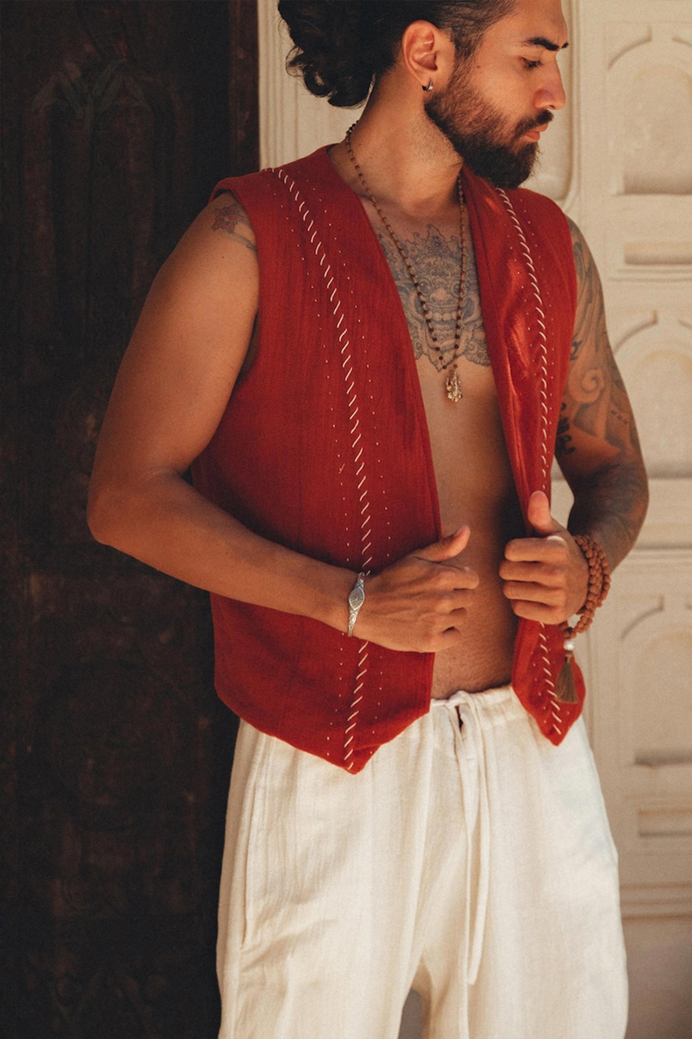Red Hand Embroidered Vest for Men - AYA SW IDR