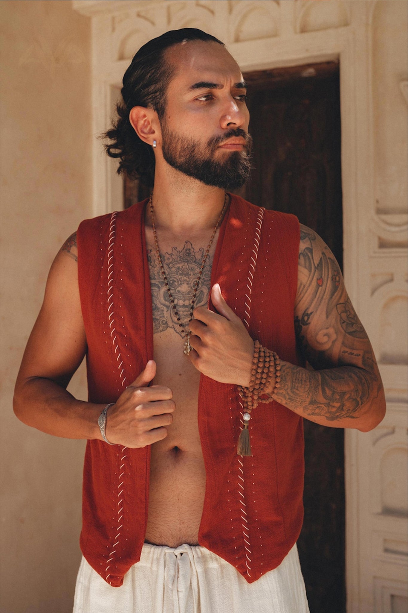 Red Hand Embroidered Vest for Men - AYA SW IDR