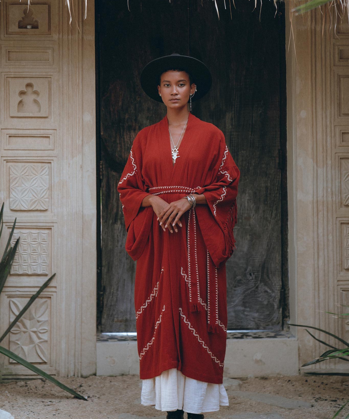 Red Organic Poncho Cape • Boho Cardigan Women • Cotton Kimono Cover Up - AYA SW IDR