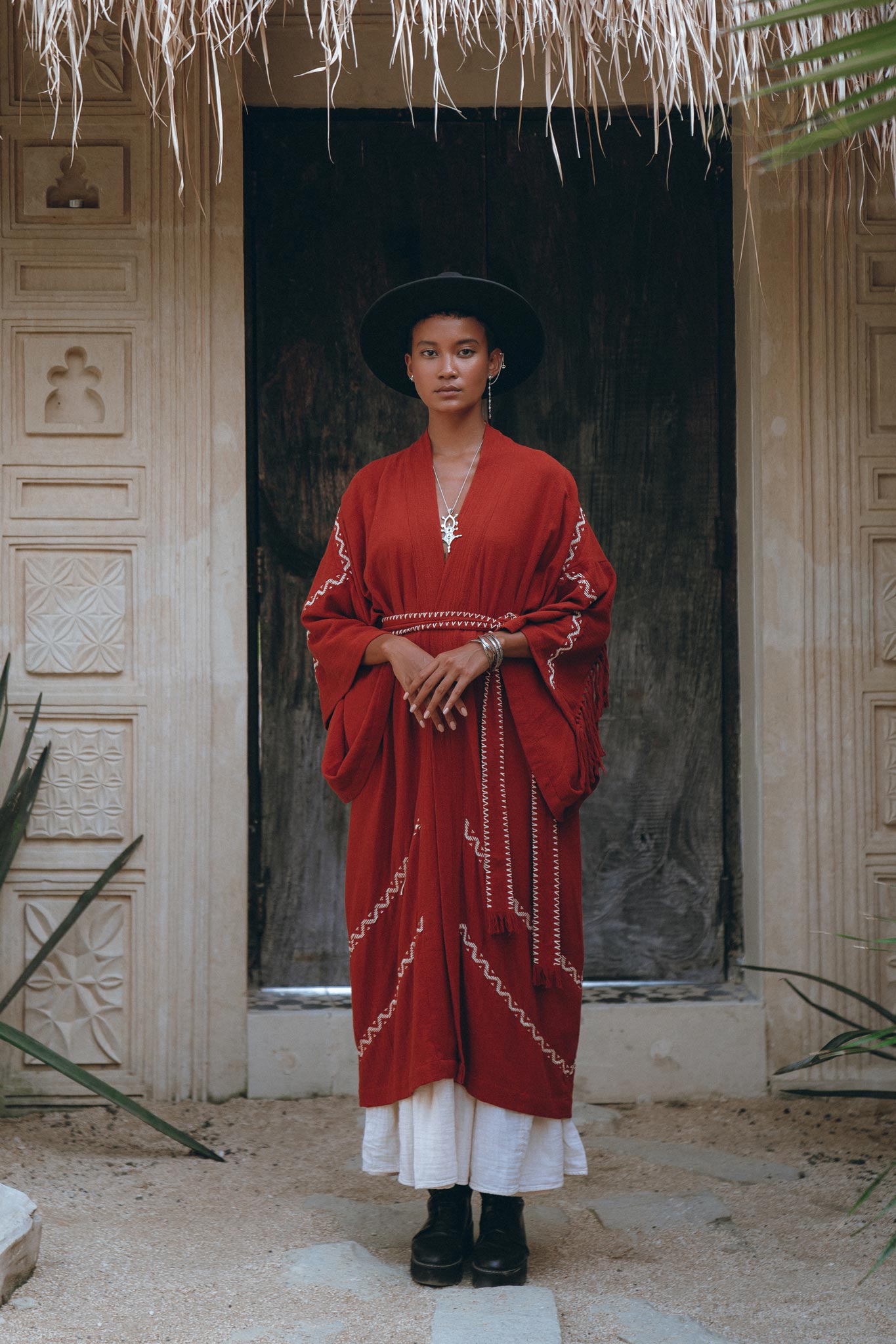 Red Organic Poncho Cape • Boho Cardigan Women • Cotton Kimono Cover Up - AYA SW IDR