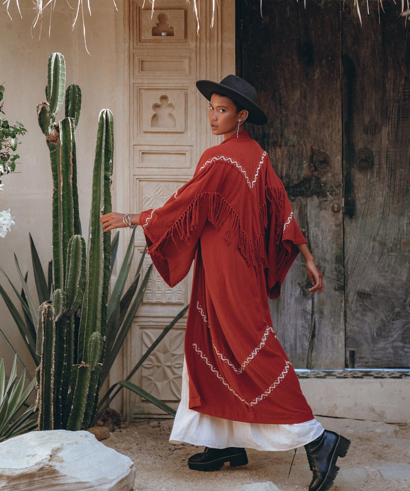 Red Organic Poncho Cape • Boho Cardigan Women • Cotton Kimono Cover Up - AYA SW IDR