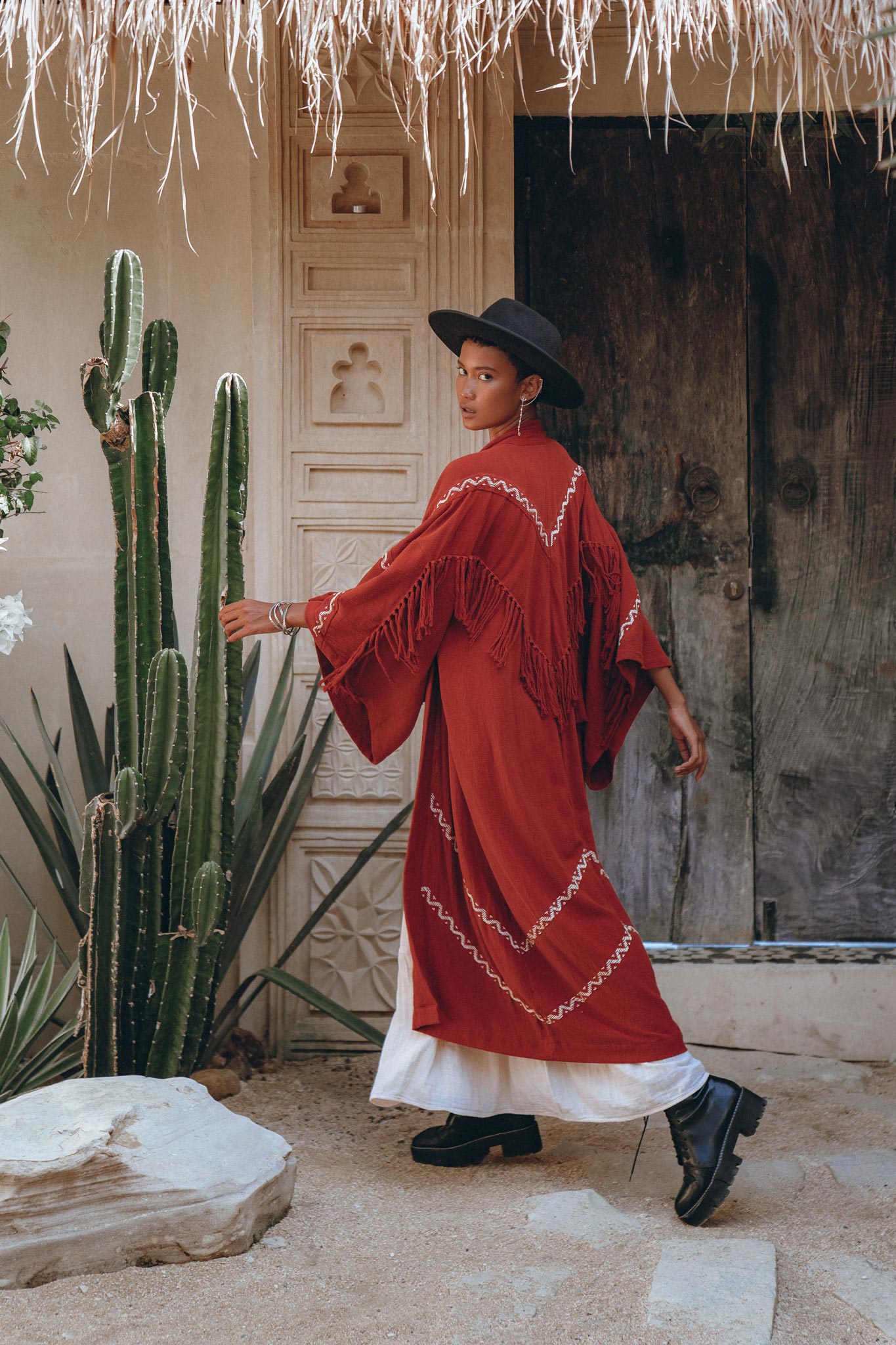 Red Organic Poncho Cape • Boho Cardigan Women • Cotton Kimono Cover Up - AYA SW IDR