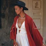 Red Organic Poncho Cape • Boho Cardigan Women • Cotton Kimono Cover Up - AYA SW IDR