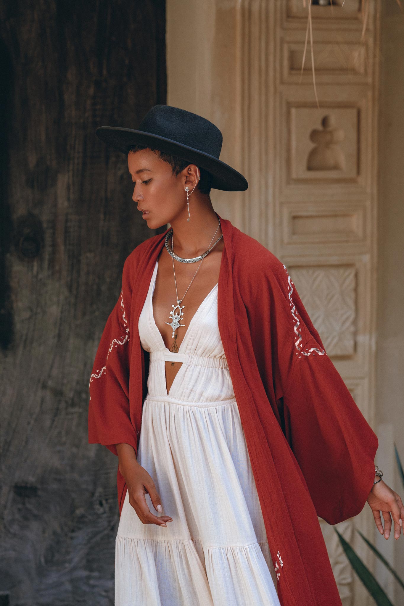 Red Organic Poncho Cape • Boho Cardigan Women • Cotton Kimono Cover Up - AYA SW IDR